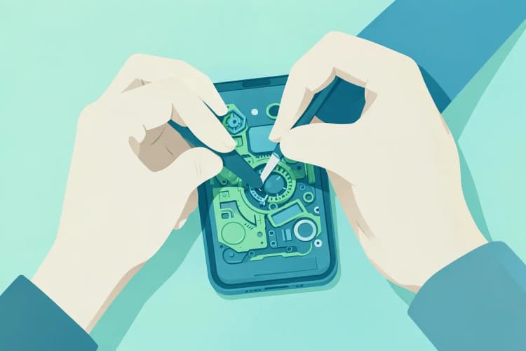Mãos de técnico abrindo um celular com ferramentas de precisão
