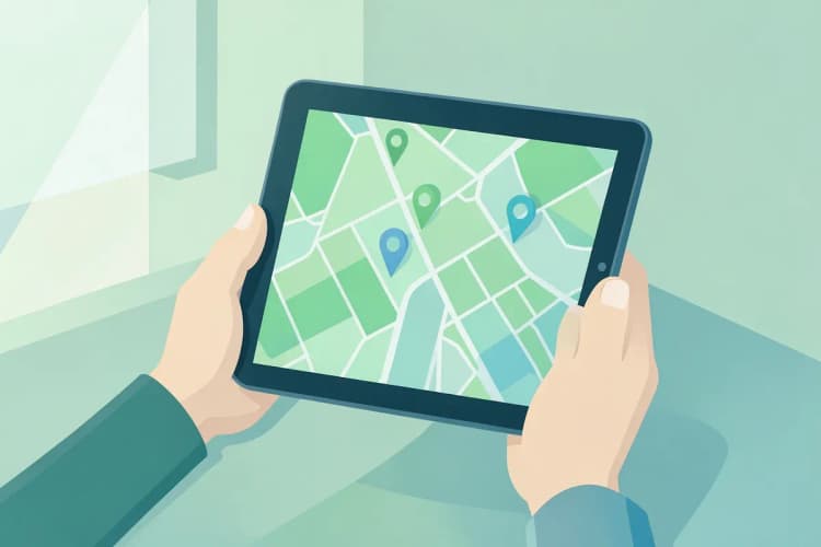 Pessoa escolhendo assistência técnica de celular em um mapa online em um tablet
