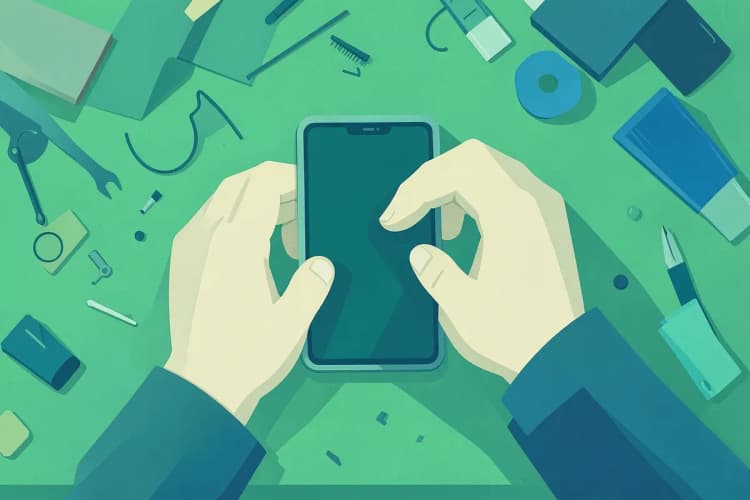 Técnico de celular trabalhando em uma bancada com peças e ferramentas