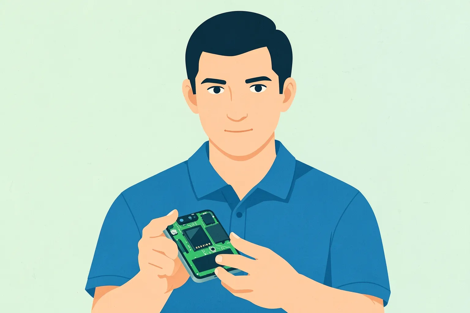 Um técnico de celular sorrindo, segurando um celular aberto em suas mãos