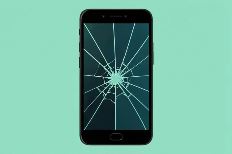 Tela de um celular Samsung Note 8 com uma rachadura central proeminente que atravessa o display, mostrando o vidro estilhaçado em padrões irregulares.