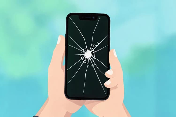 Mão segurando um celular Samsung Note 8 que caiu no chão, com a tela visivelmente trincada em várias direções.