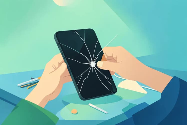 Um técnico de celular examinando a tela trincada de um Samsung Note 8 com ferramentas de reparo ao lado.